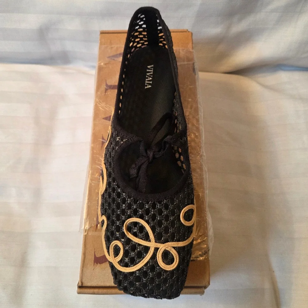 VIVAIA Makayla Black Natural Mesh Embroidered Square Toe Flats EU 39.5 US 8.5